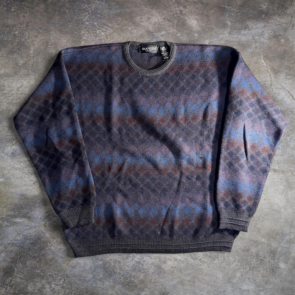 Vintage Brandini Made in Italy 100% Wool Argyle Crewneck Sweater Size L